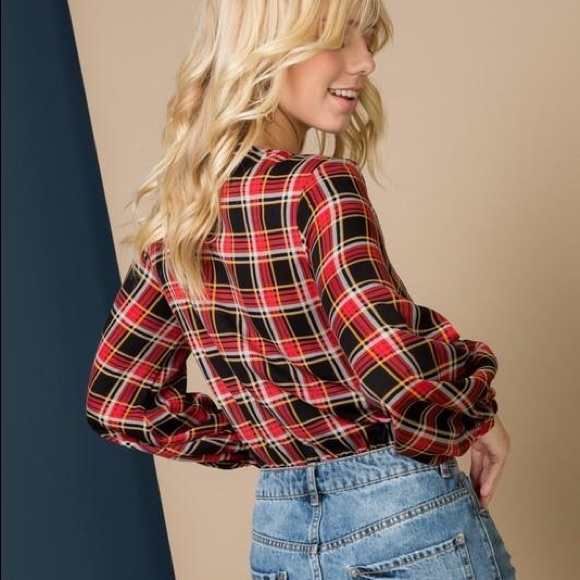 Long Billowed Sleeve Plaid Bodysuit - Picture 4 of 8